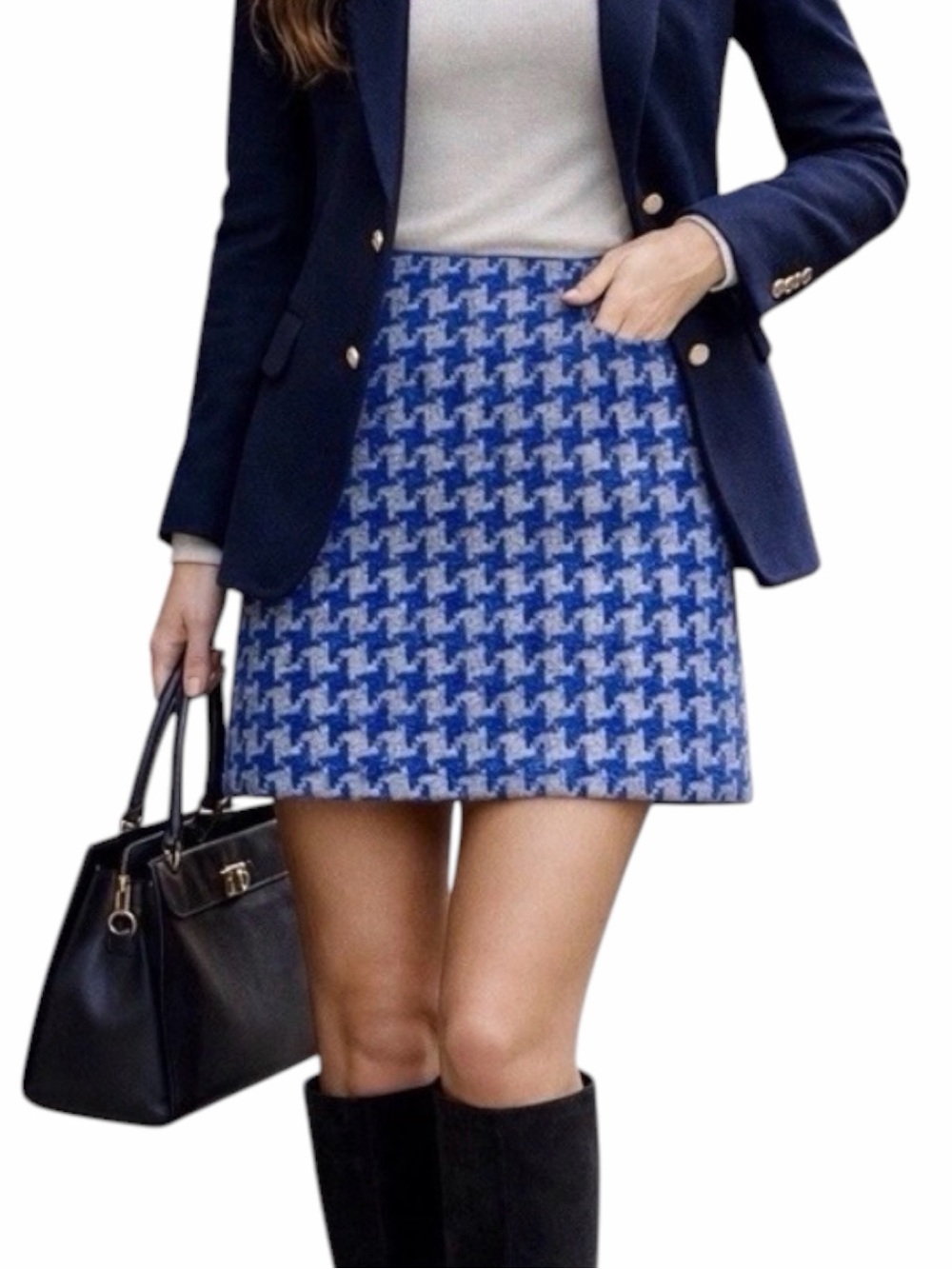 J. McLaughlin 100% Wool Houndstooth Mini Skirt Blue Gray Size 8